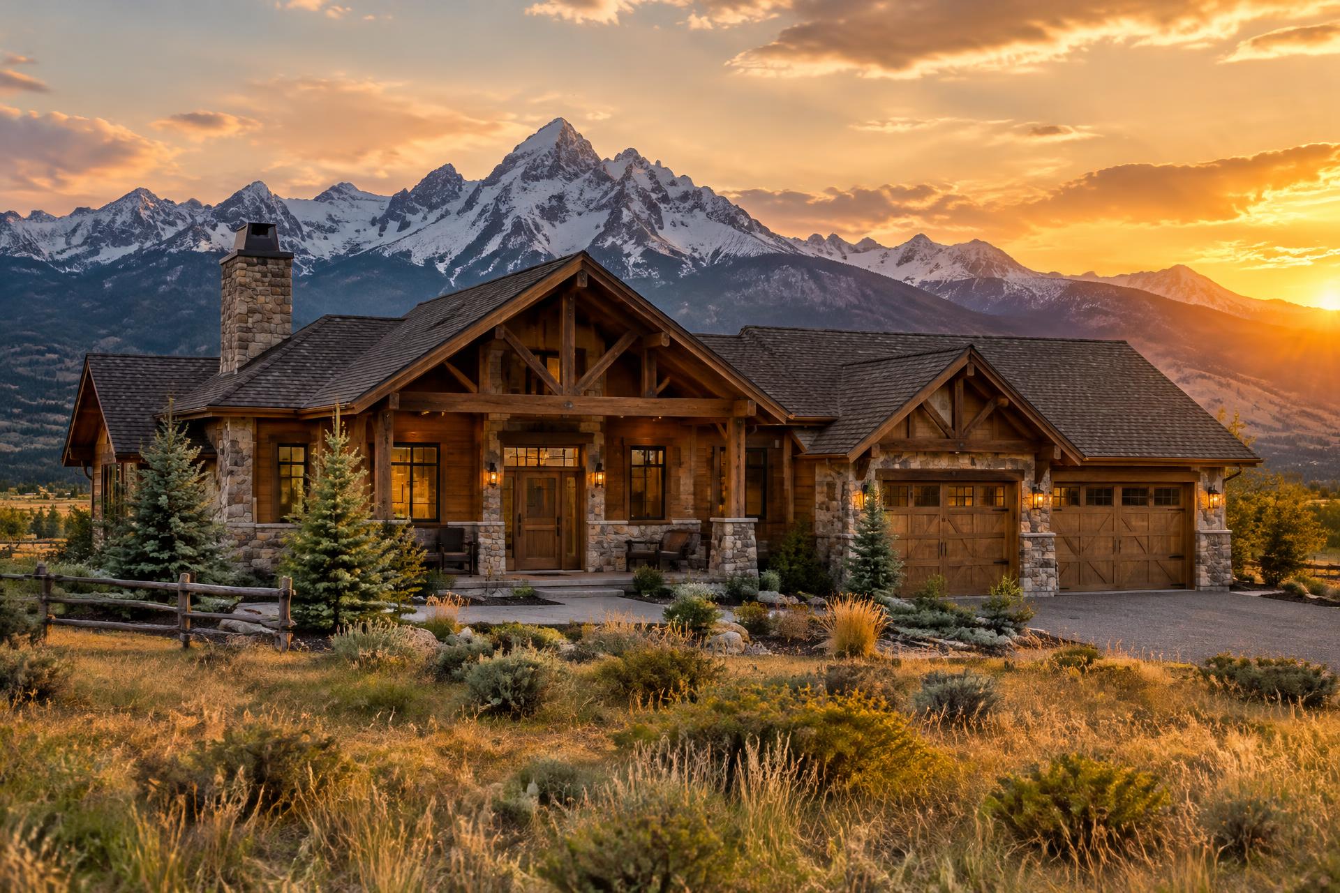 Illustrative Montana home with a front porch beneath mountains at sunset